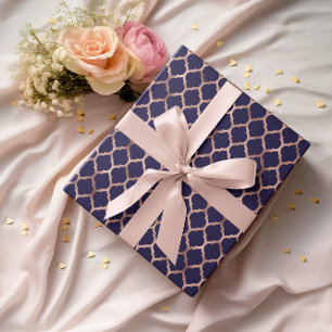 Faux Rose Gold Foil and Navy Blue Quatrefoil Wrapping Paper