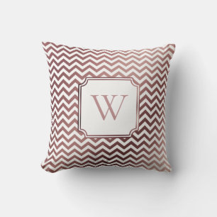 Faux Rose Gold Foil and White Chevron w/ Monogram Throw Pillow