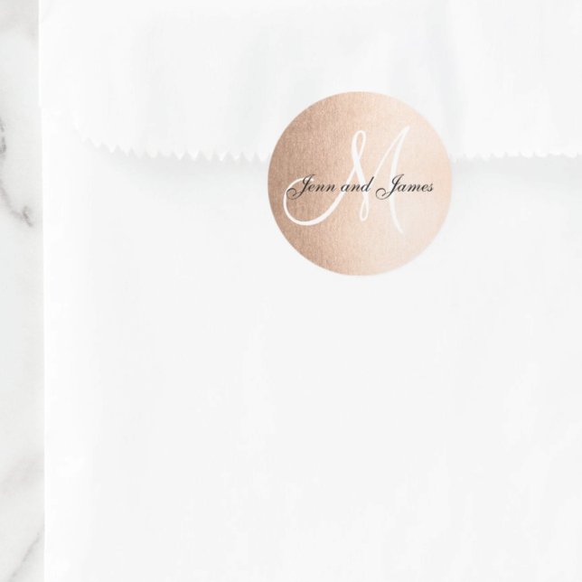 Faux Rose Gold Foil Black Wedding Favor Initial Classic Round Sticker (Creator Uploaded)