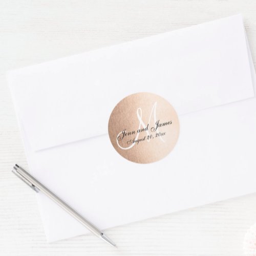 Faux Rose Gold Foil Black Wedding Favor Initial Classic Round Sticker