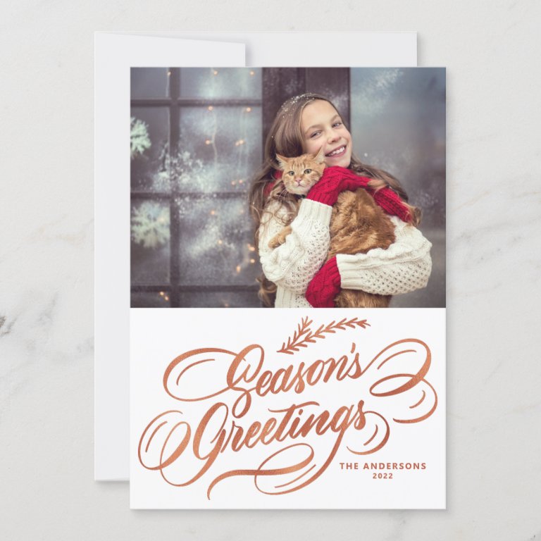 Faux Rose Gold Foil Calligraphy Season&#39;s Greetings Holiday Card