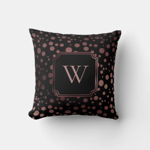 Faux Rose Gold Foil Circles with Monogram on Black Throw Pillow