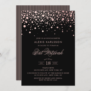Faux Rose Gold Foil Confetti Black Bat Mitzvah Invitation
