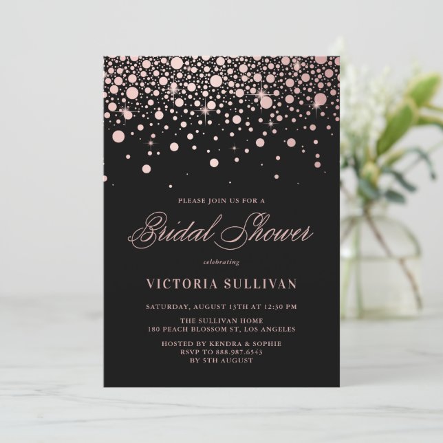 Faux Rose Gold Foil Confetti Black Bridal Shower Invitation (Standing Front)