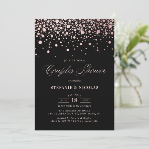 Faux Rose Gold Foil Confetti Black Couples Shower Invitation