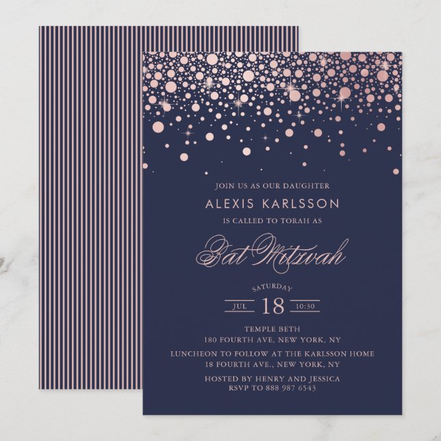 Faux Rose Gold Foil Confetti Blue Bat Mitzvah Invitation (Front/Back)