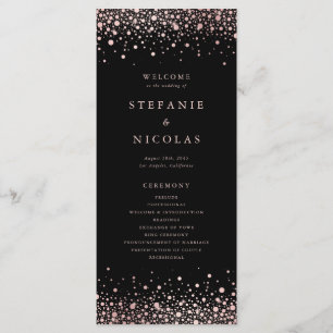 Faux Rose Gold Foil Confetti Dots Black Wedding Program