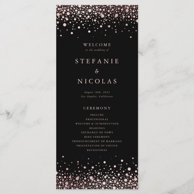 Faux Rose Gold Foil Confetti Dots Black Wedding Program (Front)