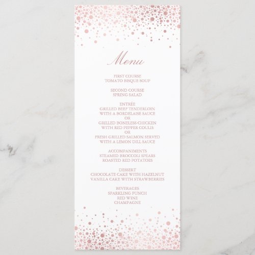 Faux Rose Gold Foil Confetti Elegant Menu Card