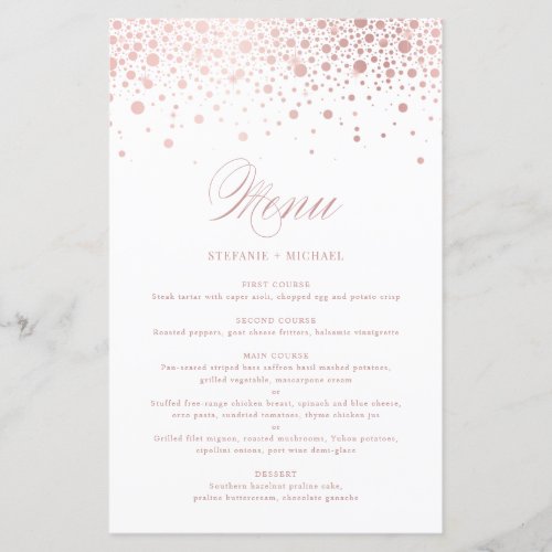 Faux Rose Gold Foil Confetti Wedding Menu Card