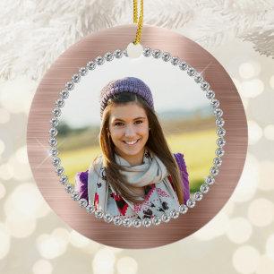 Faux Rose Gold Foil Family Photo Monogram Ceramic Ornament