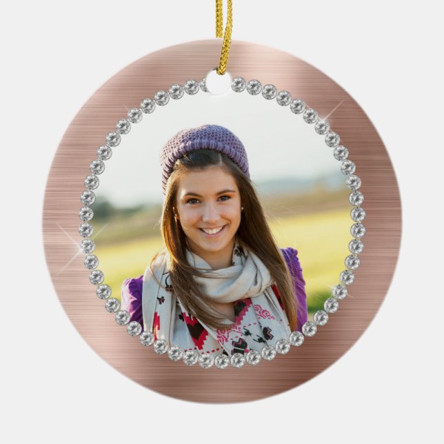 Faux Rose Gold Foil Family Photo Monogram Ceramic Ornament (Front)