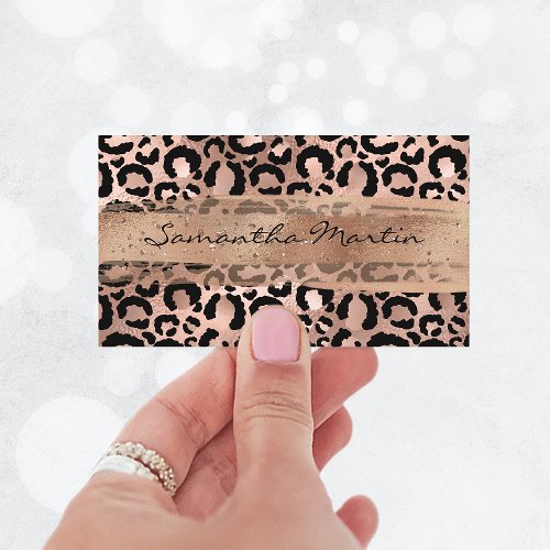Faux Rose Gold Foil Glitter Brush Stroke Leopard Business Card