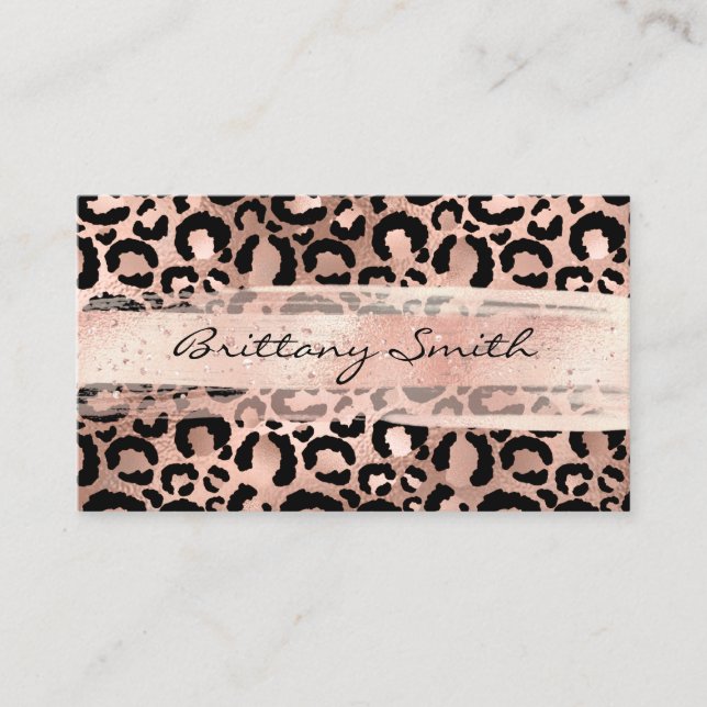 Faux Rose Gold Foil Leopard Blush Brush Stroke Business Card (Front)