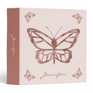 Faux Rose Gold Foil Look Butterfly & Custom Text 3 Ring Binder