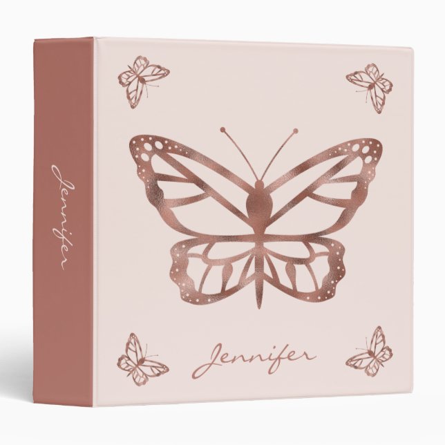Faux Rose Gold Foil Look Butterfly & Custom Text 3 Ring Binder (Front/Spine)