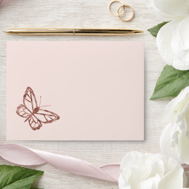 Faux Rose Gold Foil Look Butterfly On Pink Envelope (Wedding)