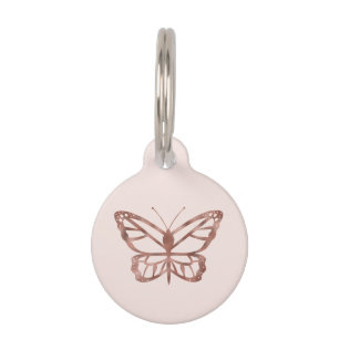 Faux Rose Gold Foil Look-like Butterfly On Pink Pet ID Tag