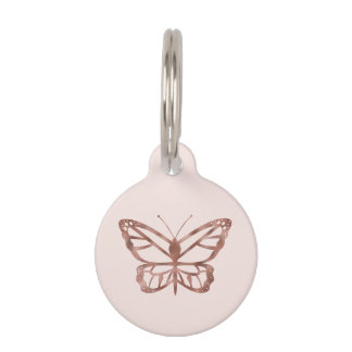 Faux Rose Gold Foil Look-like Butterfly On Pink Pet ID Tag