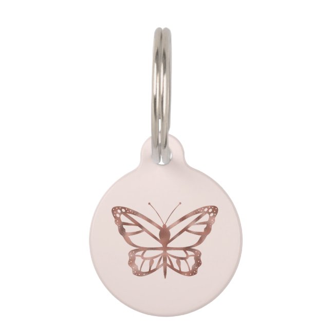 Faux Rose Gold Foil Look-like Butterfly On Pink Pet ID Tag (Front)