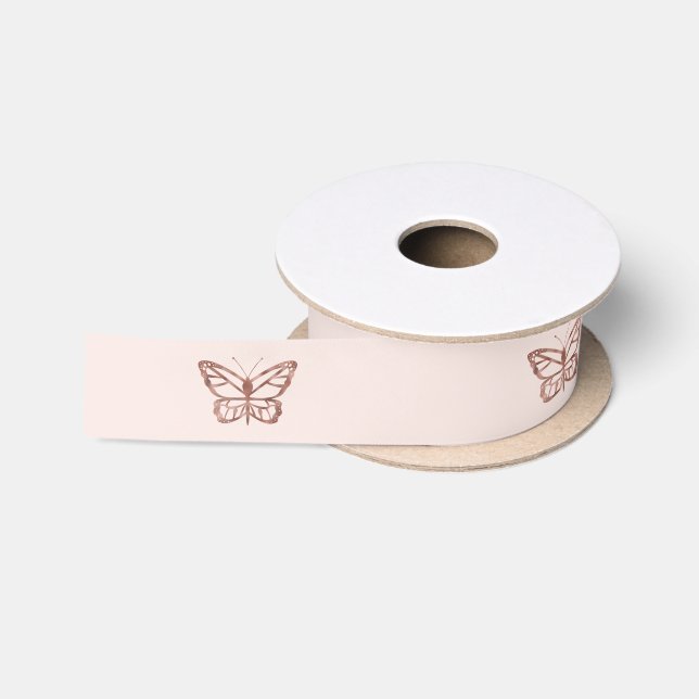 Faux Rose Gold Foil Look-like Butterfly On Pink Satin Ribbon (Spool)