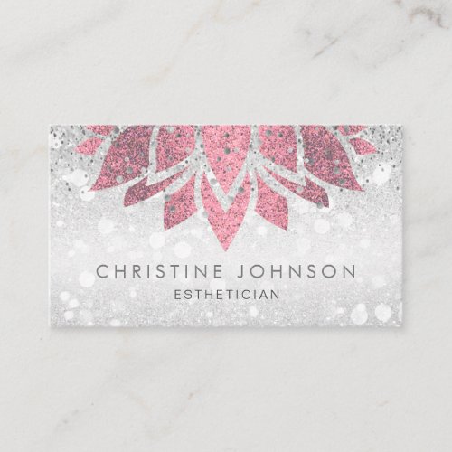 faux rose gold foil lotus on faux silver glitter business card