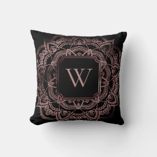 Faux Rose Gold Foil Mandala w/ Monogram on Black Throw Pillow