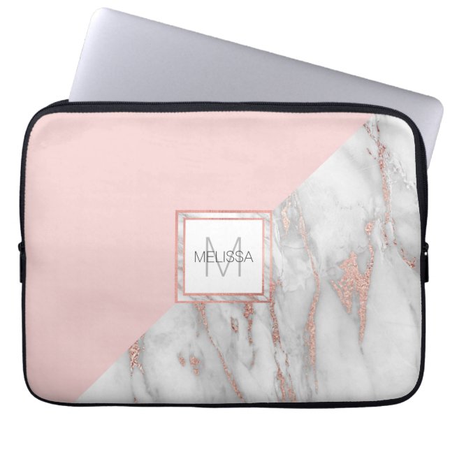 Faux Rose Gold Foil Marble Blush Pink MONOGRAM Laptop Sleeve (Front)