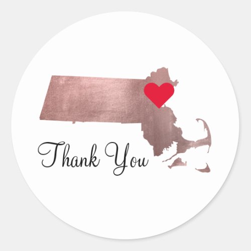 Faux Rose Gold Foil Massachusetts Thank You Classic Round Sticker