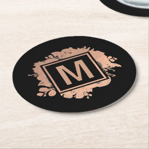faux rose gold foil monogram on black round paper coaster