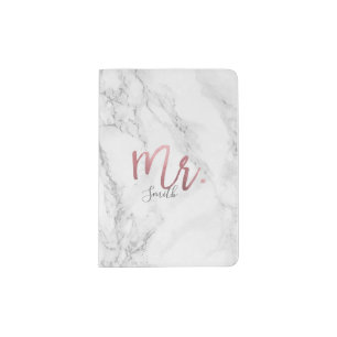 Faux Rose Gold Foil Mr. +  Marble Passport Holder