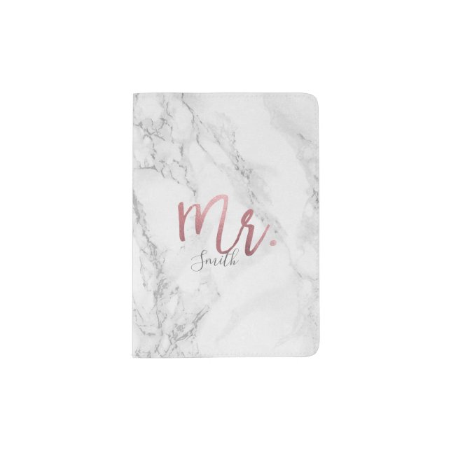 Faux Rose Gold Foil Mr. +  Marble Passport Holder (Front)