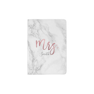 Faux Rose Gold Foil Mrs. +  Marble Passport Holder