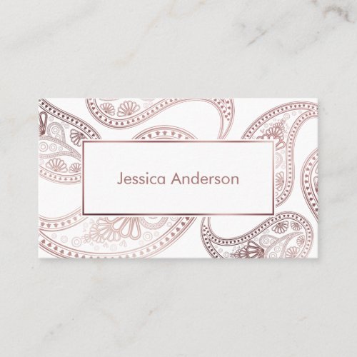 Faux Rose Gold Foil Paisley Patterns on White Business Card