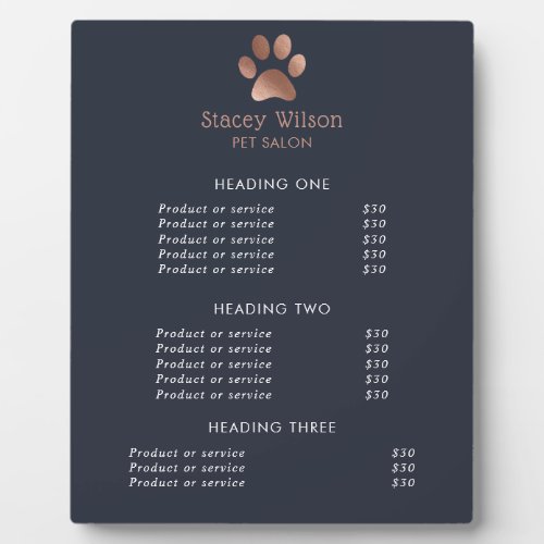 Faux Rose Gold Foil Paw Print Logo And Navy Plaque