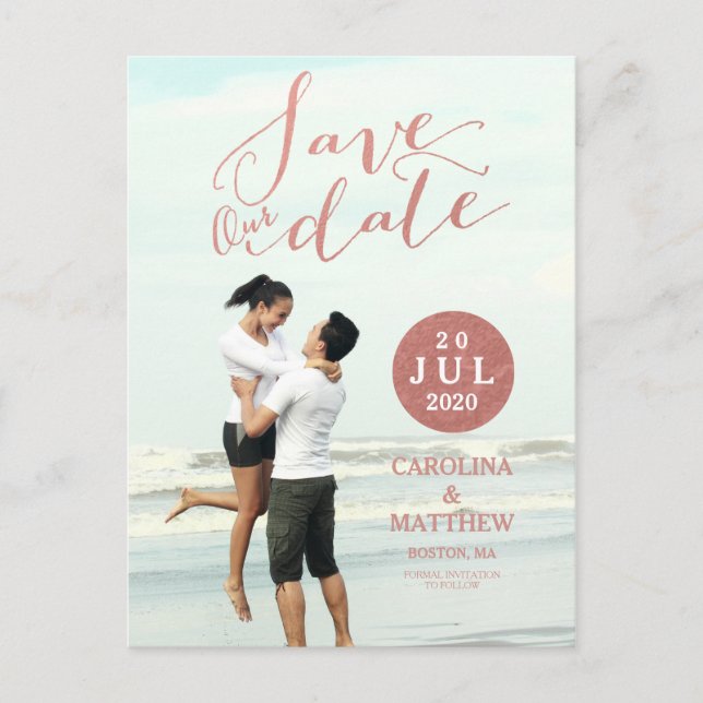 Faux Rose Gold Foil | Photo Save the Date Postcard (Front)