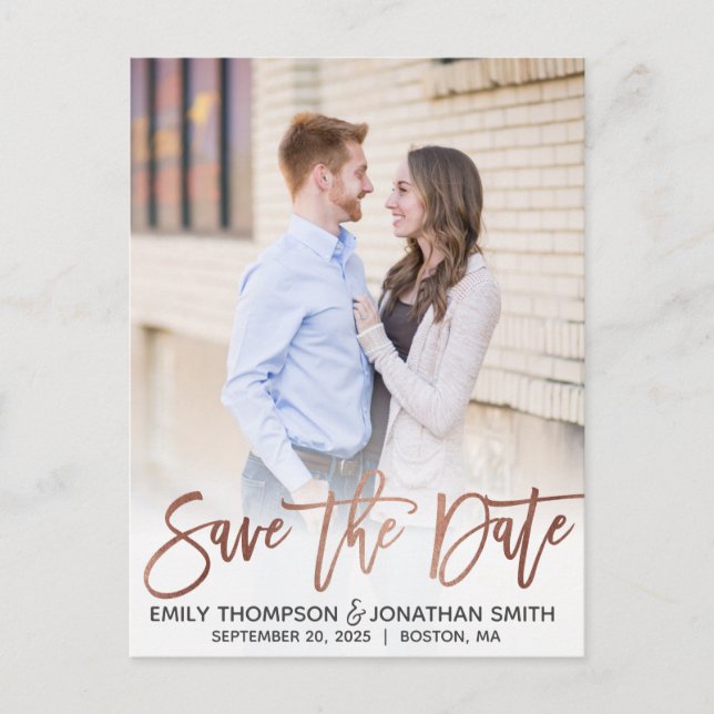 Faux Rose Gold Foil Picture Save The Date Postcard (Front)