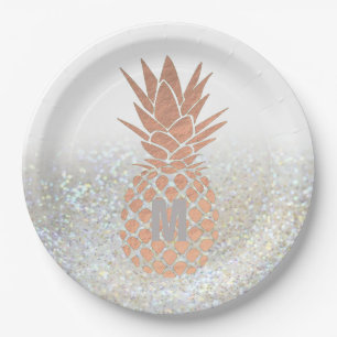 faux rose gold foil pineapple on faux glitter paper plates