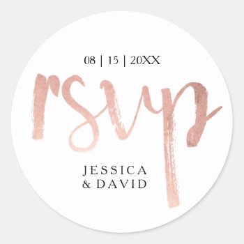 Faux Rose Gold Foil Rsvp Classic Round Sticker by charmingink at Zazzle