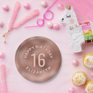 Faux Rose Gold Foil Texture Happy Birthday & Age Paper Plates