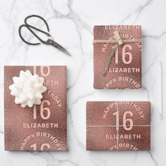 Faux Rose Gold Foil Texture Happy Birthday &amp; Age Wrapping Paper Sheets