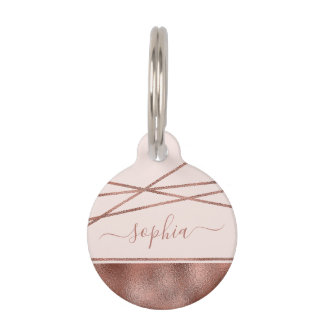 Faux Rose Gold Foil Texture & Pet Name And Number Pet ID Tag