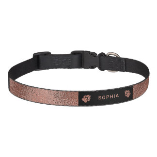 Faux Rose Gold Foil Texture &amp; Pet's Name &amp; Paws Pet Collar