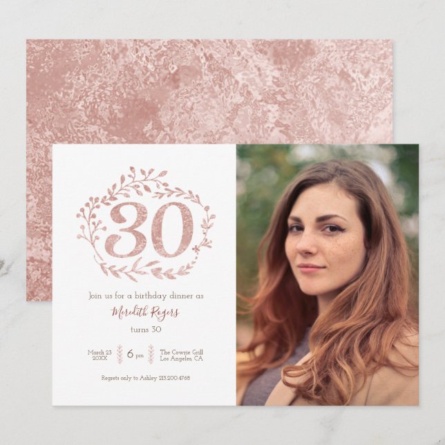 Faux Rose Gold Foliage Wreath 30th Birthday Invitation (Front/Back)