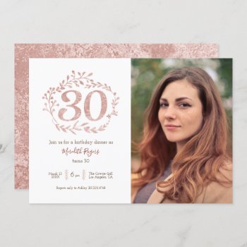 Faux Rose Gold Foliage Wreath 30th Birthday Invitation by kittypieprints at Zazzle
