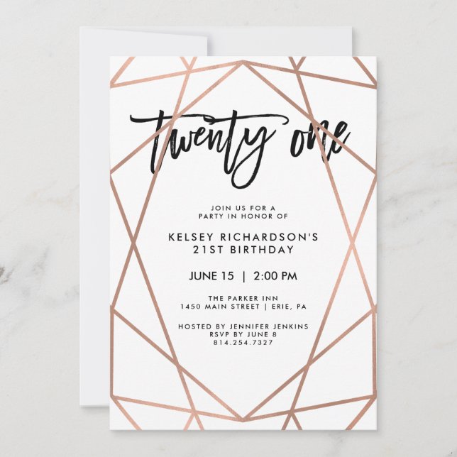 Faux Rose Gold Geometric | 21st Birthday Party Invitation (Front)