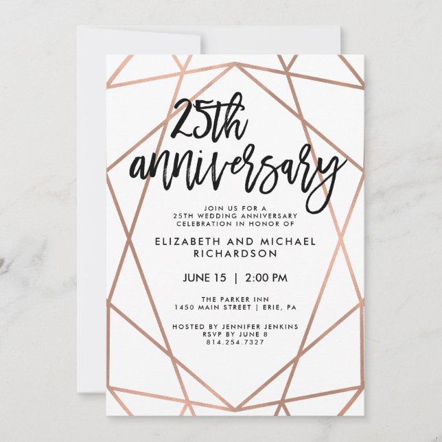 Faux Rose Gold Geometric 25th Wedding Anniversary Invitation (Front)