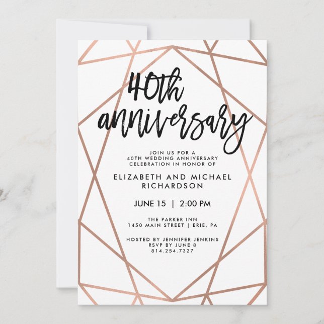 Faux Rose Gold Geometric 40th Wedding Anniversary Invitation (Front)