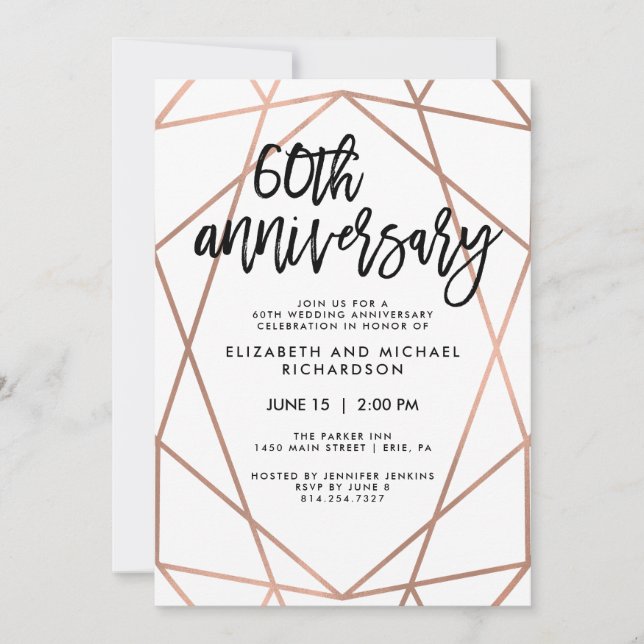 Faux Rose Gold Geometric 60th Wedding Anniversary Invitation (Front)