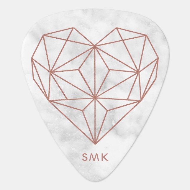 Faux Rose Gold Geometric Heart Marble Monogram Guitar Pick (Front)